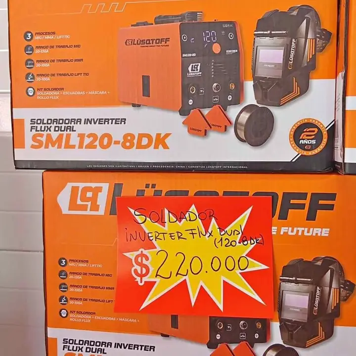 Soldador inverter flux dual 120-8DK Modelo: SML120-8DK Voltaje: 220 V – 50 Hz Procesos: F