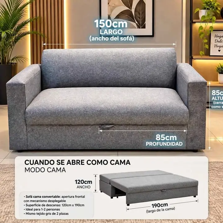 Sillón cama. - Como sillón: 150cm largo x 85cm profundo x 85cm alto. Entra en cualquier