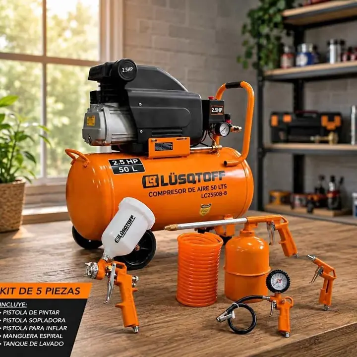 Compresor lüstoff 2,5 HP – 50 L Tensión: 220V – 50Hz Potencia: 1750W / 2.5 HP Presión: 115 P