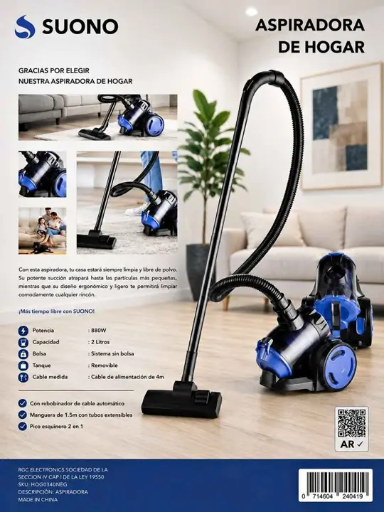 Aspiradora de hogar suono HOG0394NEG $60.000 Potencia de 880W para una limpieza eficiente