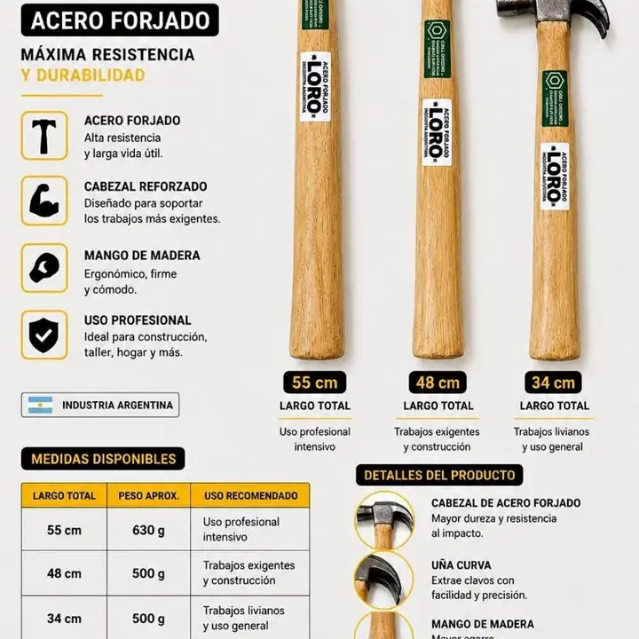 Martillo LORO de Acero Forjado | 55, 48 y 34 cm