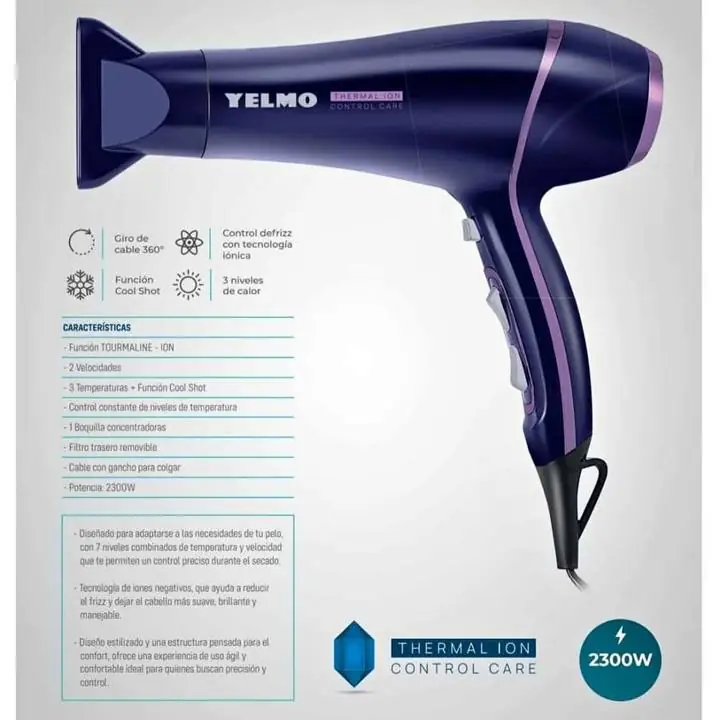 Secador para cabello yelmo 2300 W 2 velocidades cool shot funcion tourmaline ion