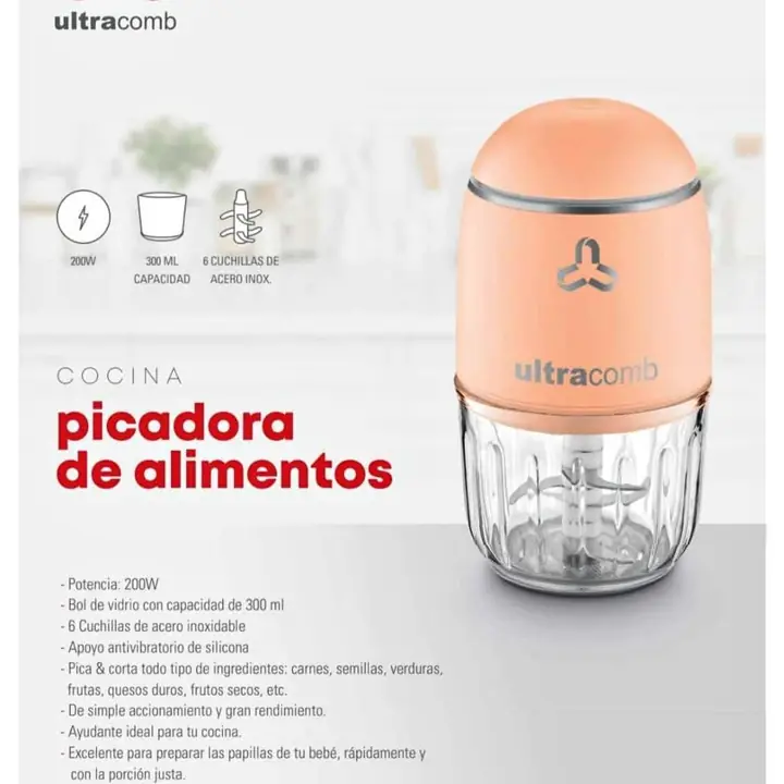 Picadora de alimentos Ultracomb 300 ML 6 cuchillas de acero inoxidable
