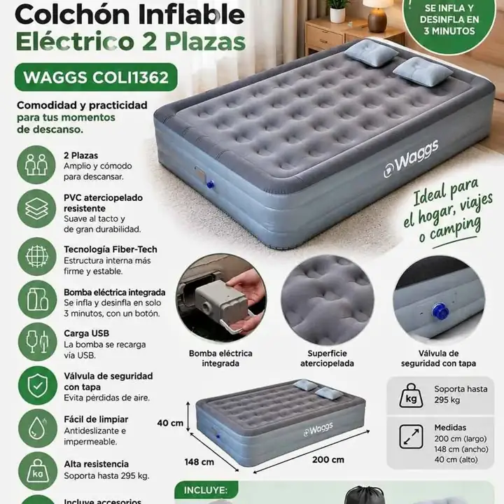 Colchón inflable eléctrico 2 plazas waggs