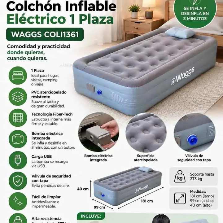 Colchón inflable eléctrico 1 plaza waggs