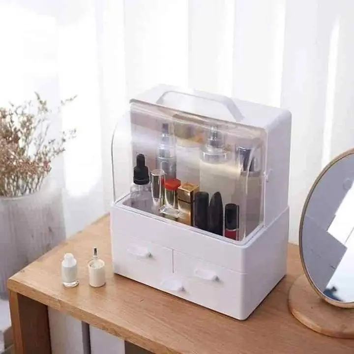 Organizador de maquillaje con cajones y tapa acrílica (rosa y blanco)