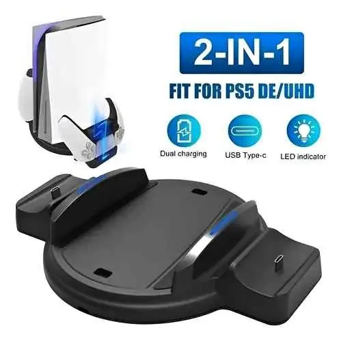 Base para play 5 vertical con cargador para dos joystick