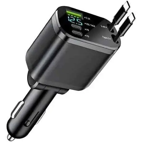 Cargador de auto súper rápido 5 en 1 con 2cables tipo c retráctil de 160w