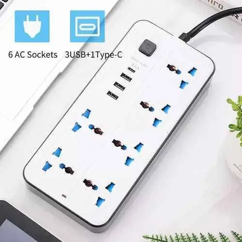 Zapatilla eléctrica con protección antiniños ,incluye 6 enchufe multinorma ,3 USB ,1 tipo c +botón