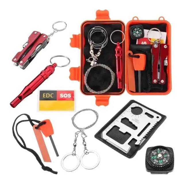 Kit de supervivencia ( pinza multiuso, brújula, serrucho, silbato, tarjeta multifunción box, fuego)