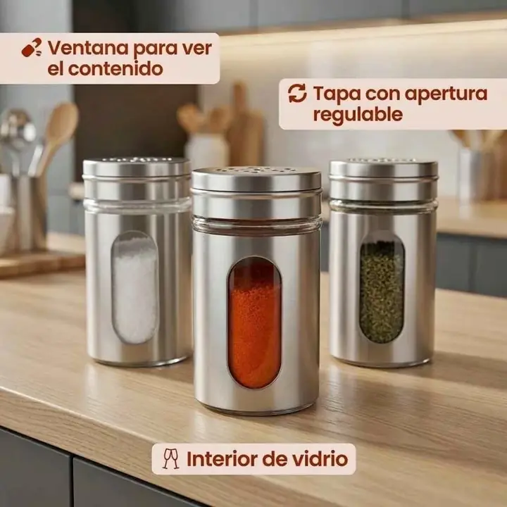 Especiero de Vidrio y Acero Inoxidable con Ventana y Tapa Regulable